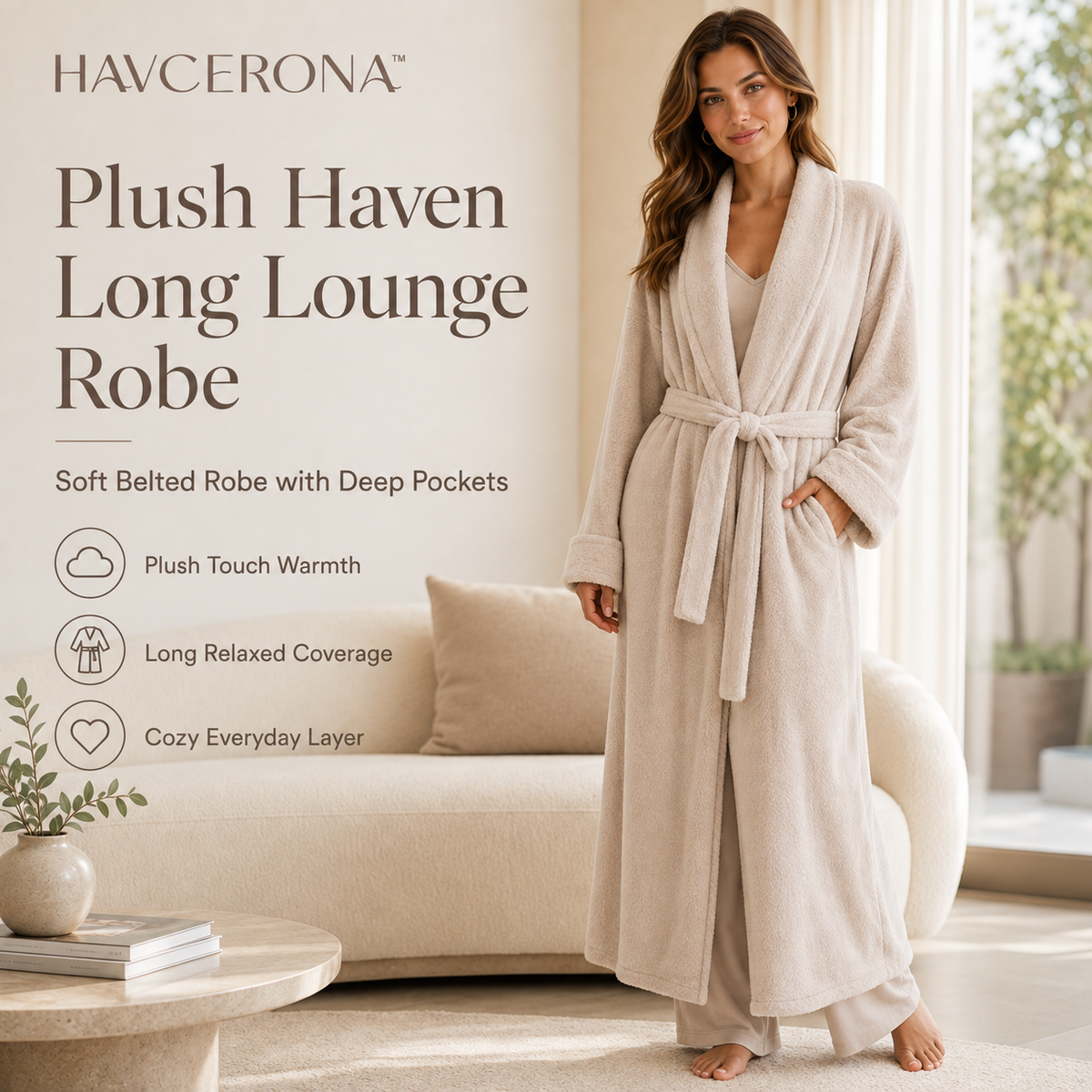 HAVCERONA™ Plush Haven Long Lounge Robe — Women’s Soft Belted Robe with Deep Pockets