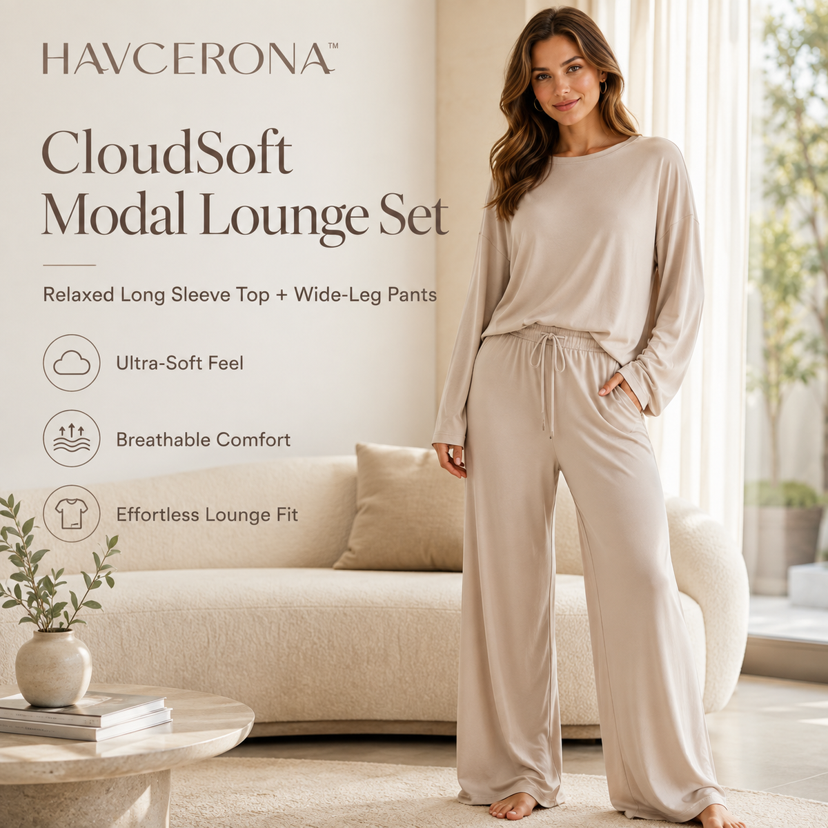 HAVCERONA™ CloudSoft Modal Lounge Set — Women’s Two-Piece Pajama Set, Long Sleeve Relaxed Top & Wide-Leg Lounge Pants