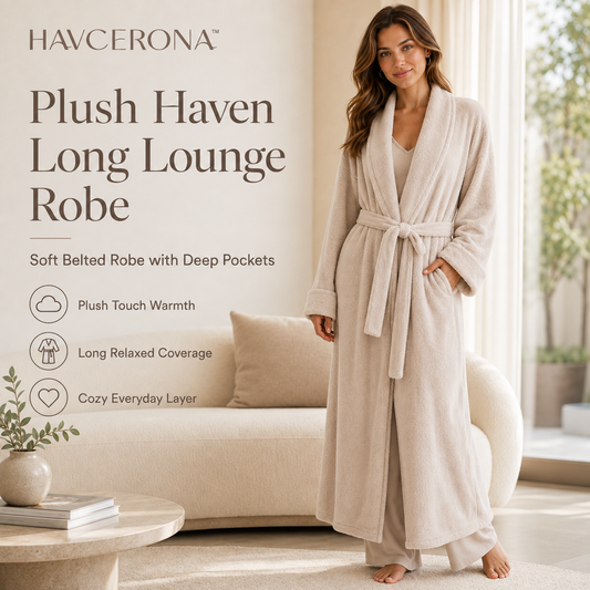 HAVCERONA™ Plush Haven Long Lounge Robe — Women’s Soft Belted Robe with Deep Pockets