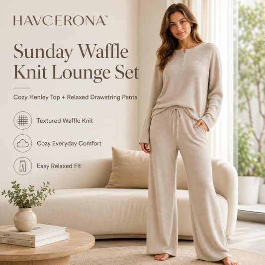 HAVCERONA™ Sunday Waffle Knit Lounge Set — Women’s Cozy Henley Top & Relaxed Drawstring Pants
